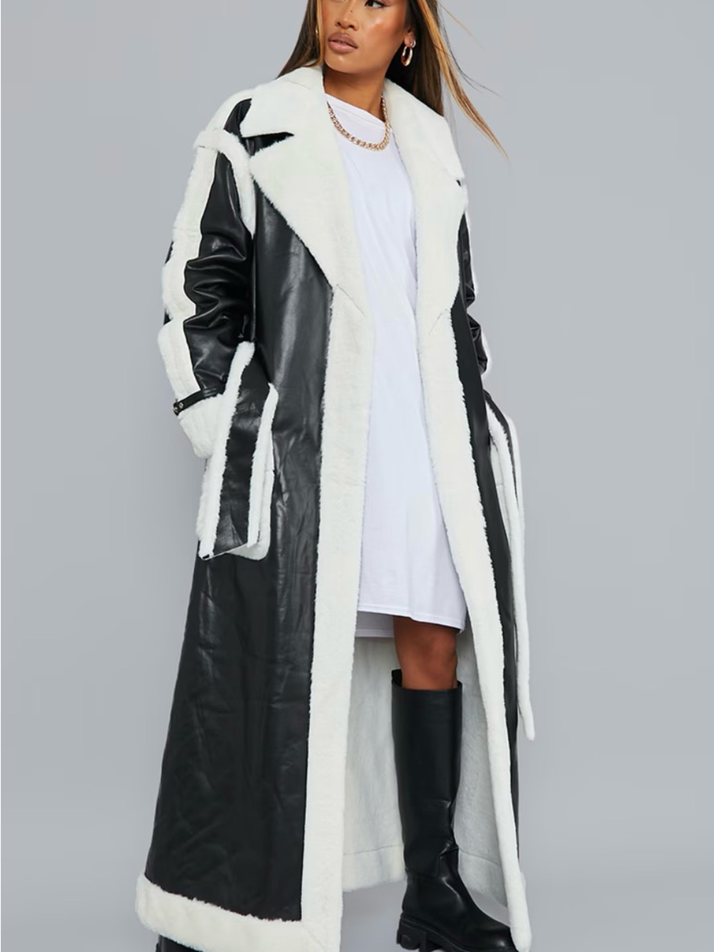 PrettyLittleThing Black Faux Leather Trench Coat with White Sherpa Trim